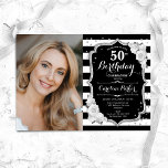 Elegantes Schwarz-weißes Silver Foto 50. Geburtsta Einladung<br><div class="desc">Elegante florale feminine 50. Geburtstagseinladung mit Ihrem Foto. Glam Schwarz-weiß rotes Design mit Imitaten Glitzer Silber. Enthält schwarz-weiße Streifen,  rote Rosen,  Skript-Schriftart und Konfetti. Ideal für ein stilvolles Party für Erwachsene. Personalisieren Sie Ihre persönlichen Daten. Kann für jedes Alter angepasst werden! Gedruckte Zazzle Einladungen oder Sofortdownload digitalen druckbaren Vorlage.</div>