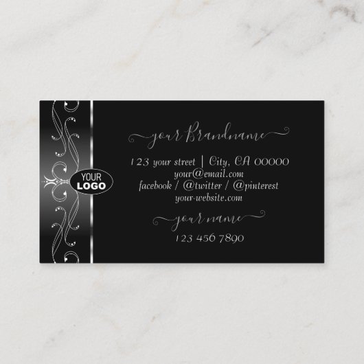 Elegantes Schwarz-weißes Silver Verziert Borders-L Visitenkarte (Rückseite)