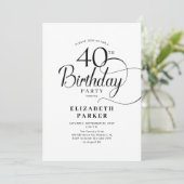 Elegantes Schwarz-weißes Skript 40. Geburtstag Einladung (Stehend Vorderseite)