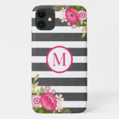 Elegantes Schwarz-weißes Streifen Monogramm Case-Mate iPhone Hülle (Rückseite)
