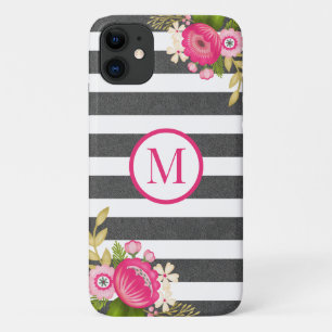 Elegantes Schwarz-weißes Streifen Monogramm Case-Mate iPhone Hülle