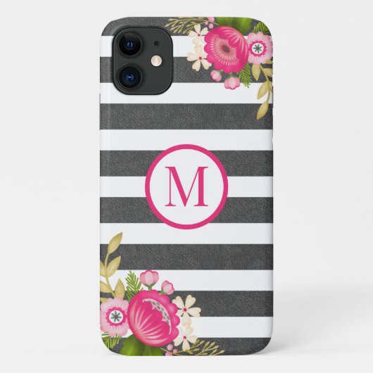 Elegantes Schwarz-weißes Streifen Monogramm Case-Mate iPhone Hülle (Rückseite)