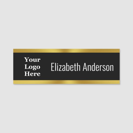 Elegantes Schwarz-weißes und goldenes Logo hier Namensschild (Vorderseite)