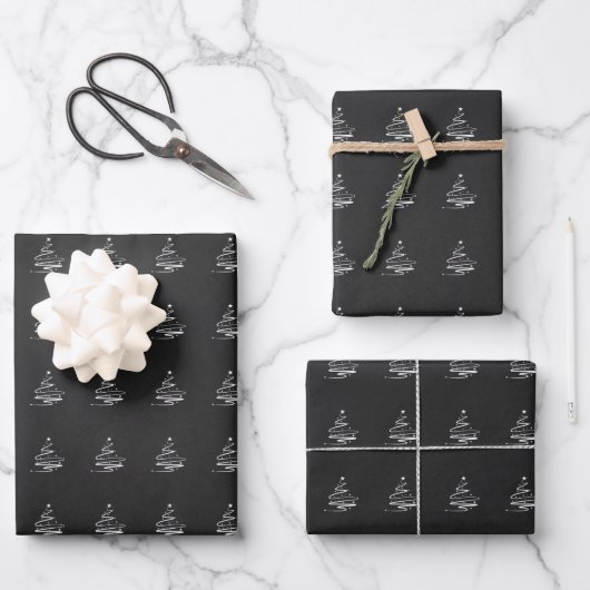 Elegantes Schwarz-weißes Weihnachtsbaumgeschenk Geschenkpapier Set (Vorderseite)