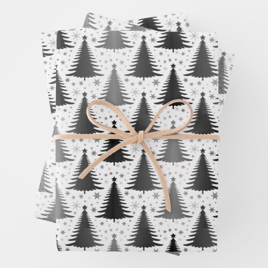 Elegantes Schwarz-weißes Weihnachtsbaummuster Geschenkpapier Set (Beispiel)