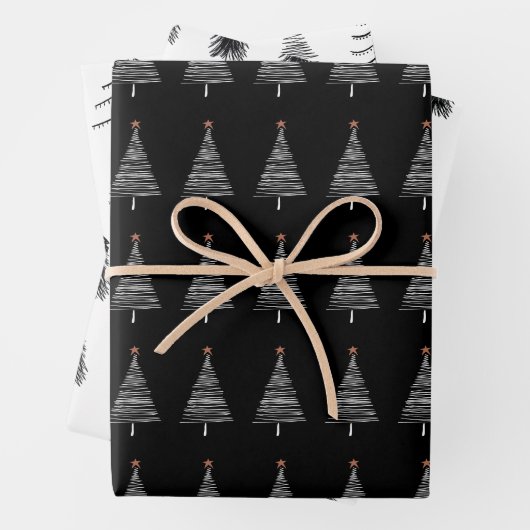 Elegantes Schwarz-weißes Weihnachtsbaummuster Geschenkpapier Set (Beispiel)
