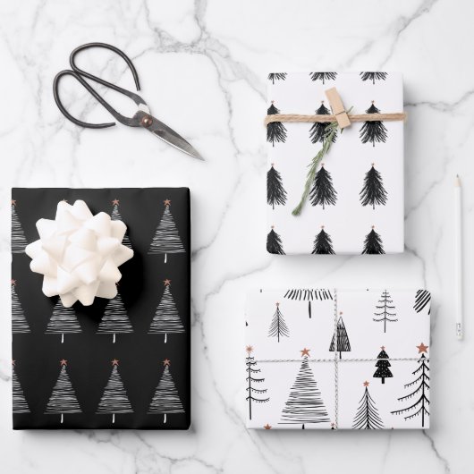 Elegantes Schwarz-weißes Weihnachtsbaummuster Geschenkpapier Set (Vorderseite)