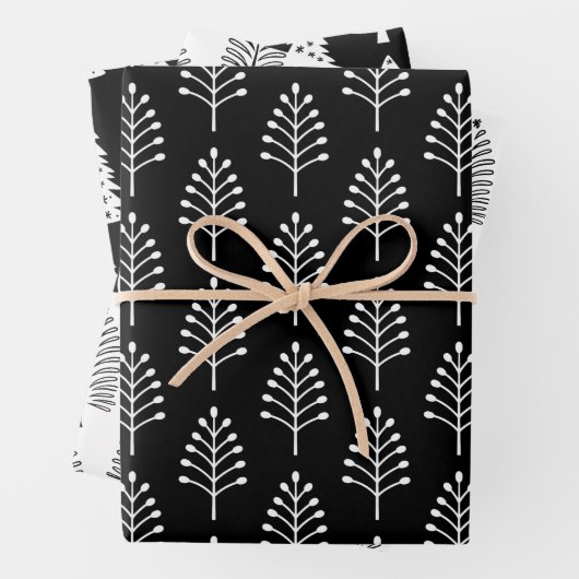 Elegantes Schwarz-weißes Weihnachtsbaummuster Geschenkpapier Set (Beispiel)