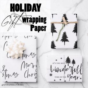 Elegantes Schwarz-weißes Weihnachtsgeschenk Geschenkpapier Set