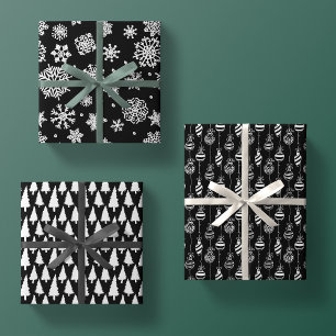 Elegantes Schwarz-weißes Weihnachtsmuster Trio-Ges Geschenkpapier Set