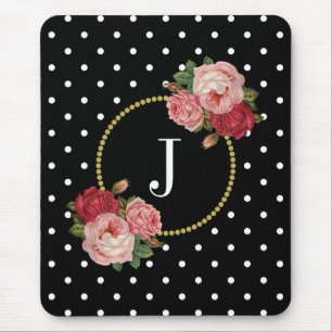 Elegantes schwarzes antikes BlumenTupfen-Monogramm Mousepad
