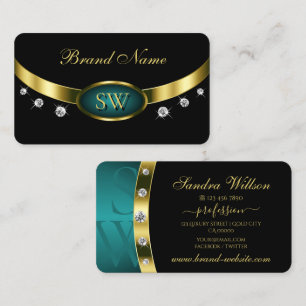 Elegantes Schwarzes Aquamarines Gold mit Monogram Visitenkarte