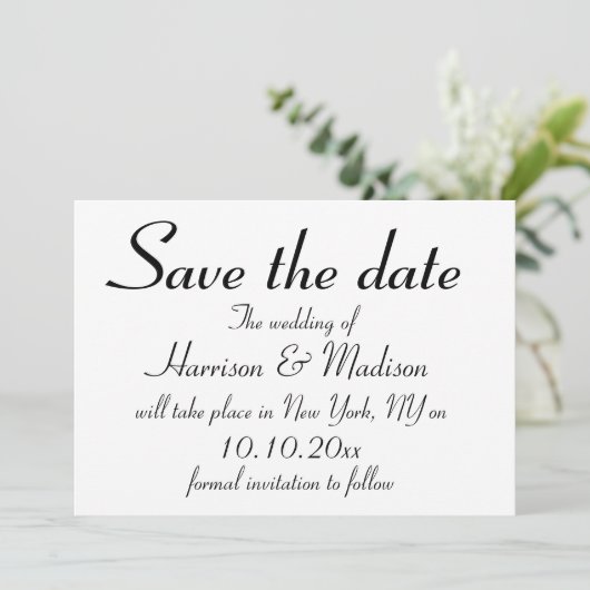 Elegantes, schwarzes, benutzerdefiniertes Skript C Save The Date (Stehend Vorderseite)