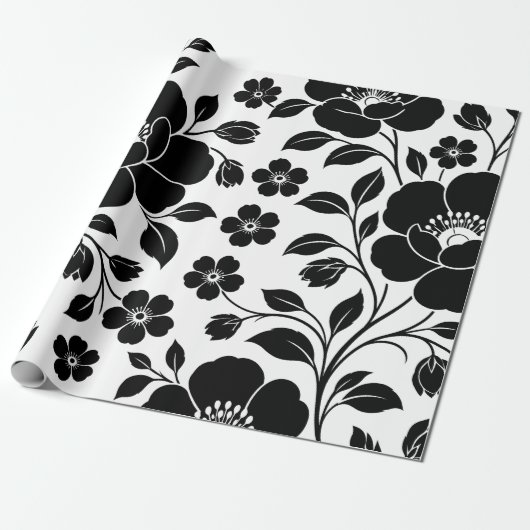 Elegantes schwarzes Blumenmuster Geschenkpapier (Ungerollt)