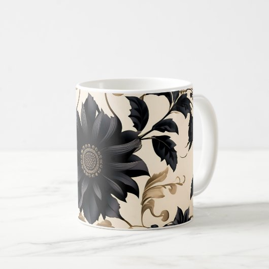 Elegantes Schwarzes Blumenmuster Kaffeetasse (VorderseiteRechts)
