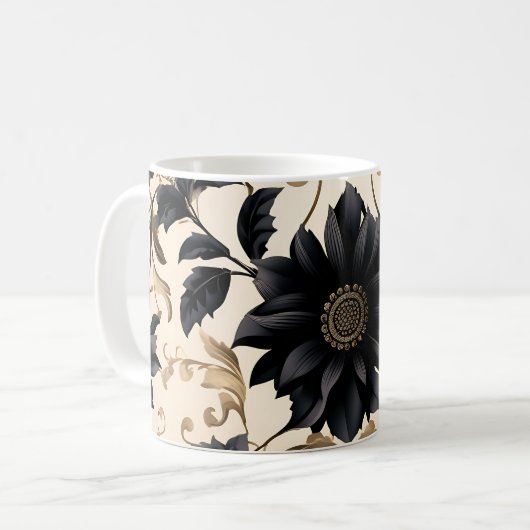 Elegantes Schwarzes Blumenmuster Kaffeetasse (Vorderseite Links)