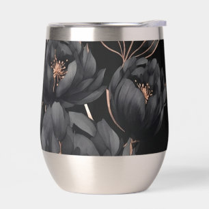 Elegantes schwarzes Blumenmuster mit goldenen Blät