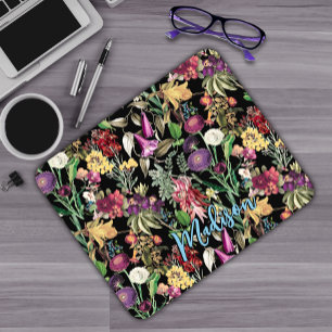 Elegantes schwarzes botanisches Wildblumenmuster Mousepad