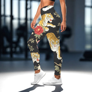 Elegantes schwarzes Chinoiserie-Tiger- und Pfingst Leggings