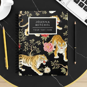 Elegantes schwarzes Chinoiserie-Tiger- und Pfingst Notizblock