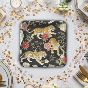 Elegantes schwarzes Chinoiserie-Tiger- und Pfingst Pappteller