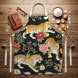 Elegantes schwarzes Chinoiserie-Tiger- und Pfingst Schürze