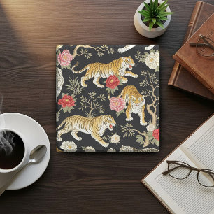 Elegantes schwarzes Chinoiserie-Tiger- und Pfingst Steinuntersetzer