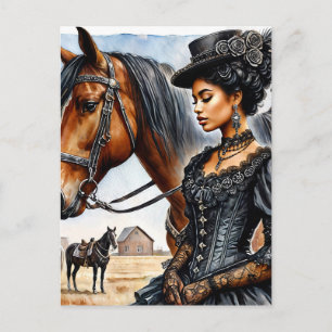 Elegantes schwarzes Cowgirl mit Pferdepostkarte Postkarte