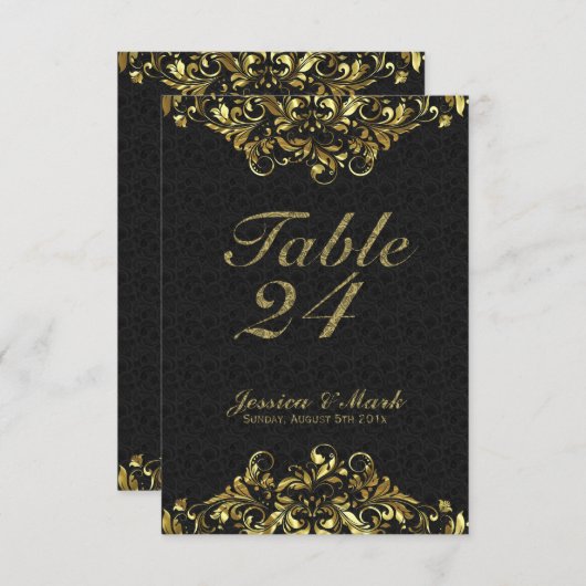 Elegantes Schwarzes Damaskus und goldenes Floral-S Einladung (Vorne/Hinten)