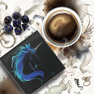 Elegantes Schwarzes Einhorn Blau Silber Magische F Glasuntersetzer