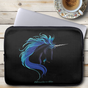 Elegantes Schwarzes Einhorn Blau Silber Magische F Laptopschutzhülle