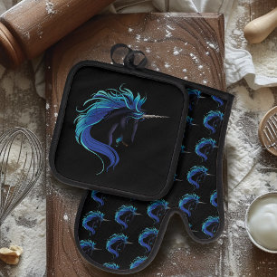 Elegantes Schwarzes Einhorn Blau Silber Magische F Ofenhandschuh & Topflappen-Set