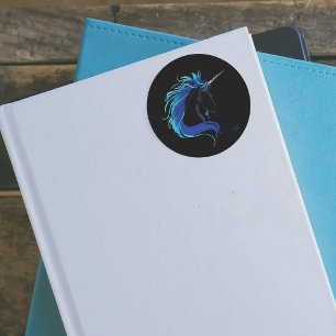 Elegantes Schwarzes Einhorn Blau Silber Magische F Runder Aufkleber