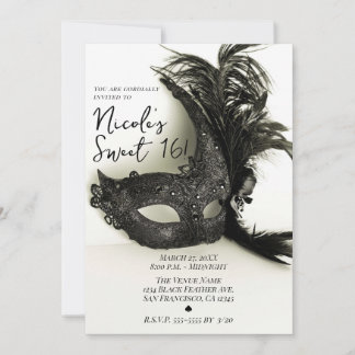 Elegantes Schwarzes Feather Masquerade Sage Sweet Einladung