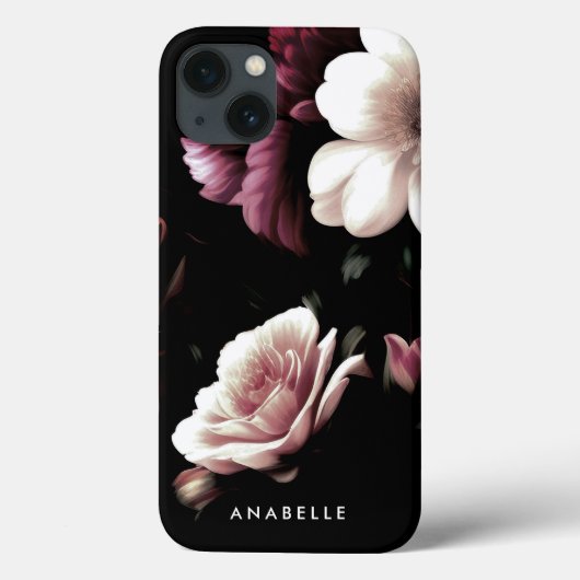 Elegantes Schwarzes Floral Botanisches Monogramm Case-Mate iPhone Hülle (Rückseite)