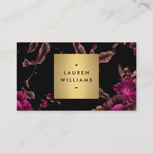 Elegantes Schwarzes Floral Muster 2 mit Gold Name Visitenkarte (Vorderseite)