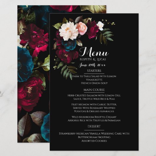Elegantes Schwarzes Floral Wedding Menu Template (Vorne/Hinten)