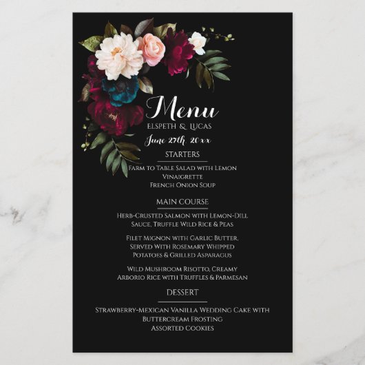 Elegantes Schwarzes Floral Wedding Menu Template (Vorderseite)