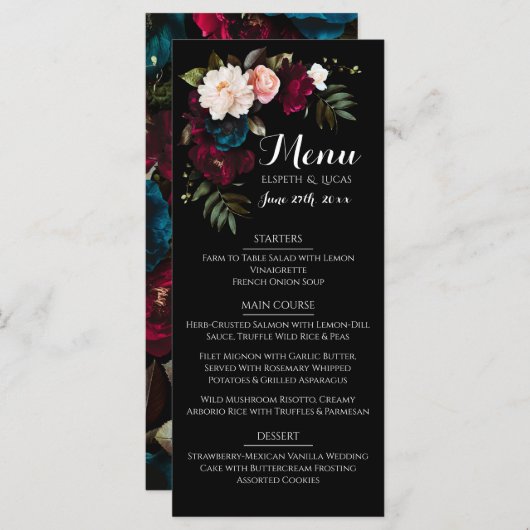 Elegantes Schwarzes Floral Wedding Menu Template Menükarte (Vorne/Hinten)