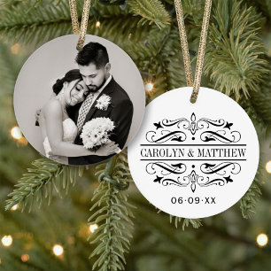 Elegantes schwarzes florales Hochzeitsfoto-Monogra Ornament