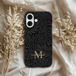Elegantes Schwarzes Florales Script Monogram iPhone 16 Hülle