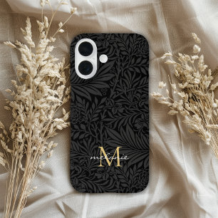 Elegantes Schwarzes Florales Script Monogram iPhone 16 Hülle