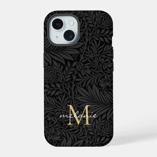Elegantes Schwarzes Florales Script Monogram iPhone 15 Hülle (Rückseite)