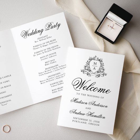 Elegantes schwarzes florales Wappen-Monogramm-Hoch Programm