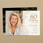 Elegantes Schwarzes Foto 60. Geburtstag Einladung<br><div class="desc">Goldene schwarze Blüte 60. Geburtstagsfeier mit Ihrem Foto auf der Vorderseite der Karte. Minimalistisch modernes Design mit botanischen Kontur Zeichnungen Akzente,  Imitate Goldfolie und Typografie Drehbuch Schriftart. Einfache,  trendige Einladungskarte für eine stilvolle Damenfeier. Kann für jedes Alter angepasst werden. Gedruckte Zazzle Einladungen oder Sofortdownload digitalen druckbaren Vorlage.</div>