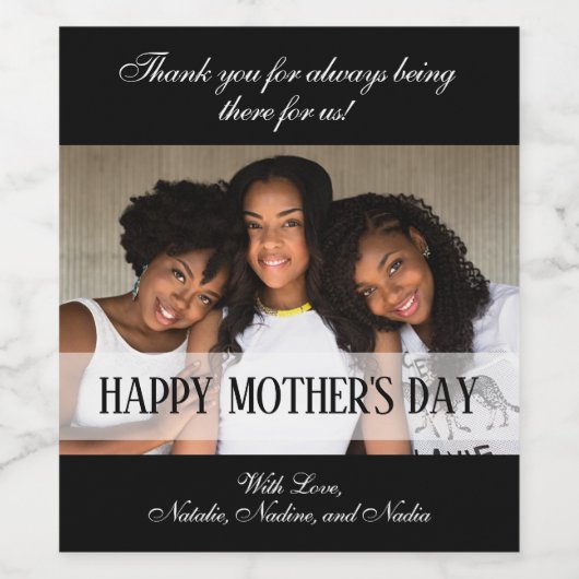 Elegantes Schwarzes Foto glücklicher Muttertag Weinetikett (Einzelnes Label)