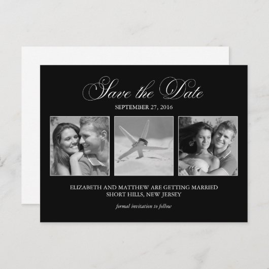 Elegantes Schwarzes Foto Hochzeit Speichern Sie da Ankündigungspostkarte (Vorne/Hinten)