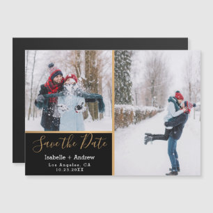 Elegantes Schwarzes FotoCollage Gold Save the Date Magneteinladung