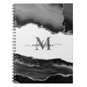 Elegantes schwarzes Geode-Achat-Monogramm-Silber-G Notizblock