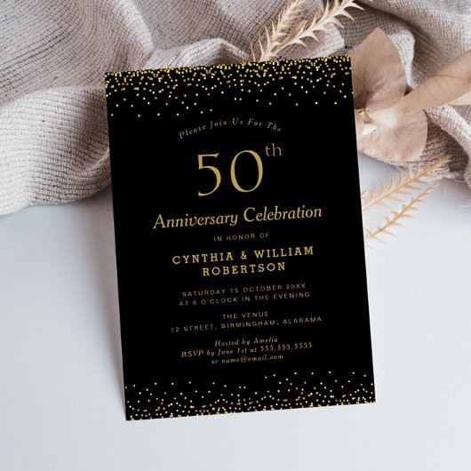 Elegantes schwarzes Gold 50. Hochzeitstag Einladung